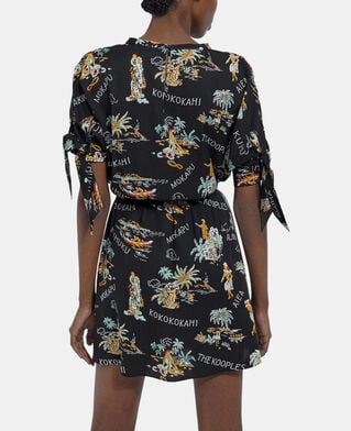 The Kooples DAMEN BLACK schwarzes kurzarm-kleid mit hawaii-motiv