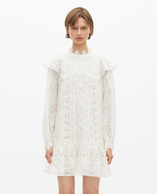 The Kooples FEMME ECRU robe courte manches longues en dentelle écrue