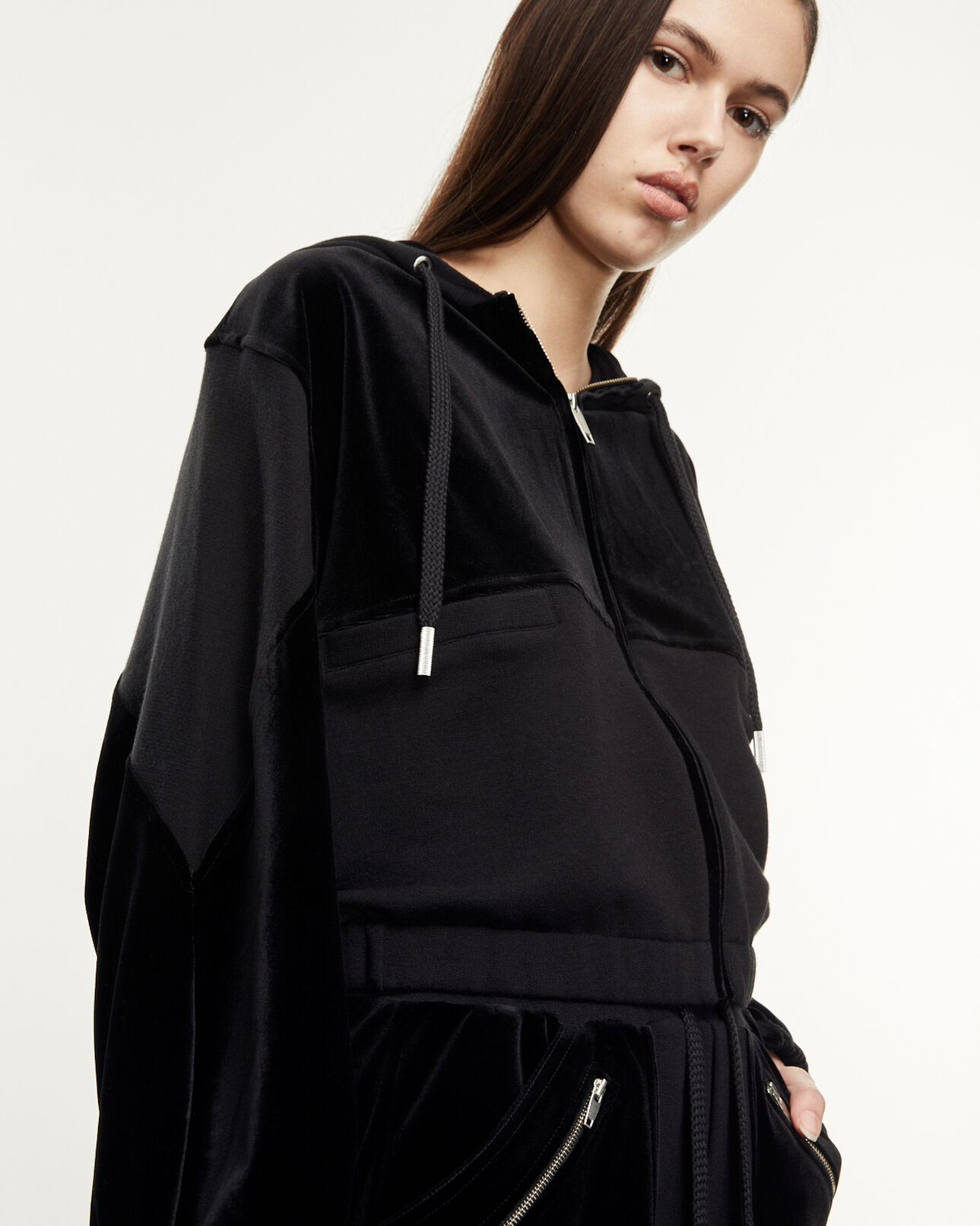 The Kooples WOMEN BLACK zipped dual-fabric black sweatshirt