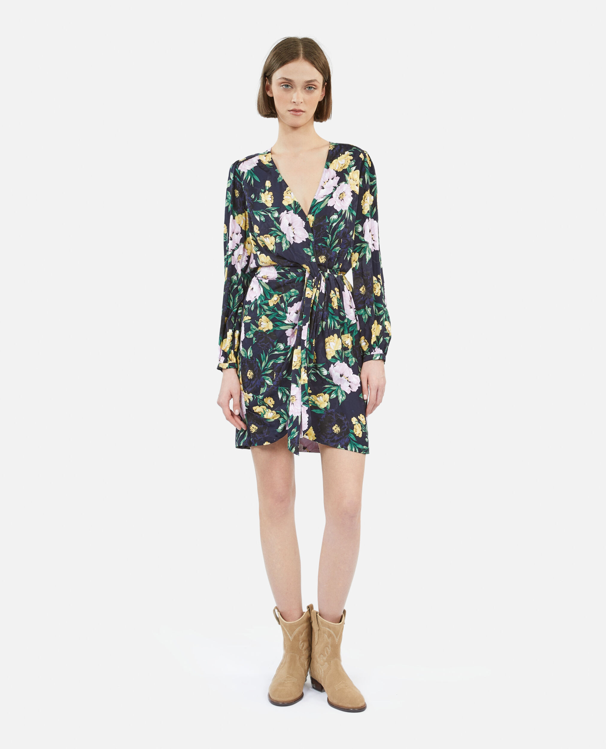 Kurzes Kleid mit Drapierung und Print, LIGHT PINK / DARK NAVY, hi-res image number null