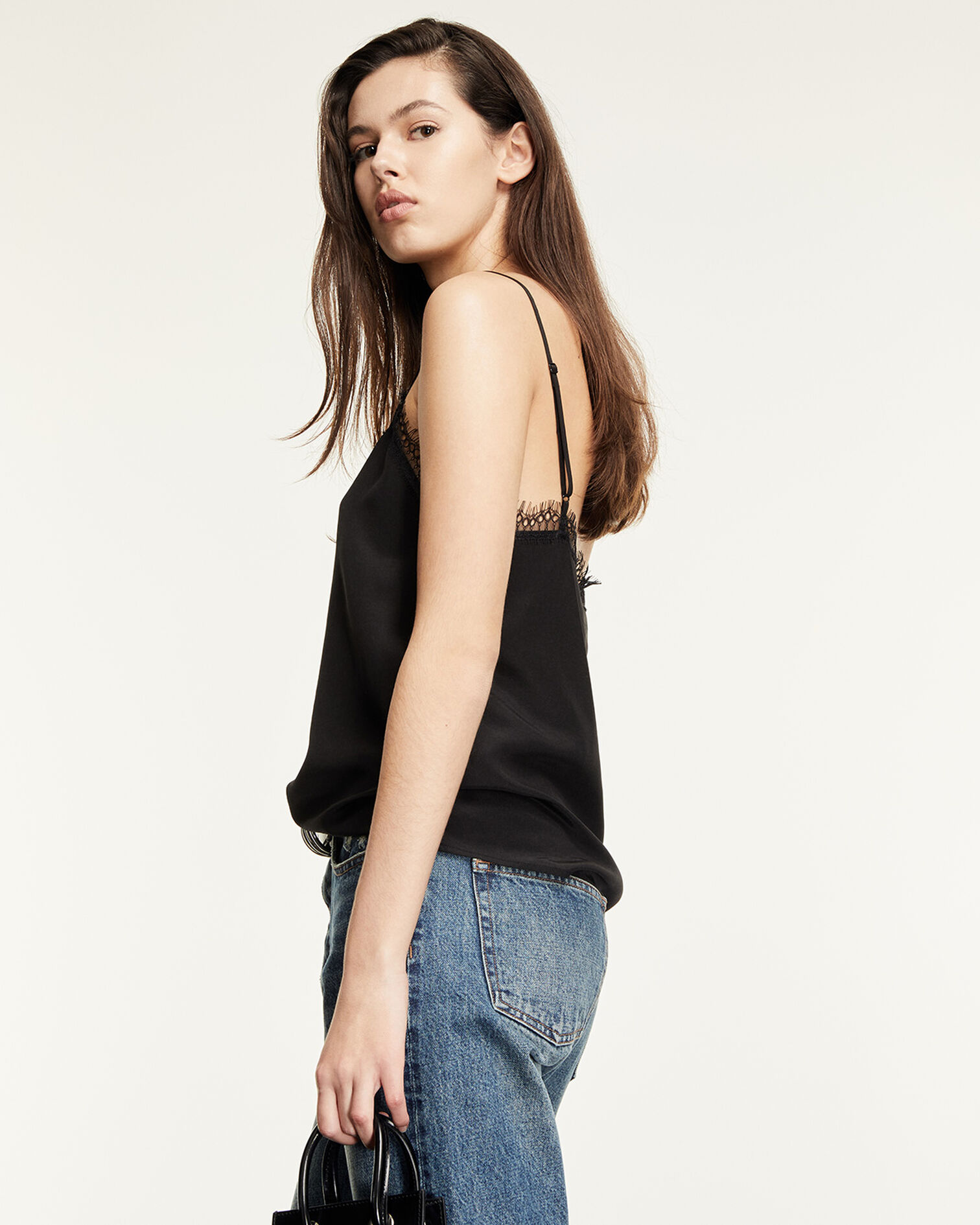 Black silk camisole with lace detail, BLACK, hi-res image number null