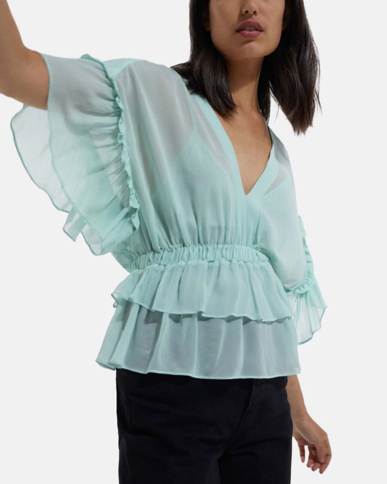 The Kooples WOMEN GREEN ruffled short sleeved top