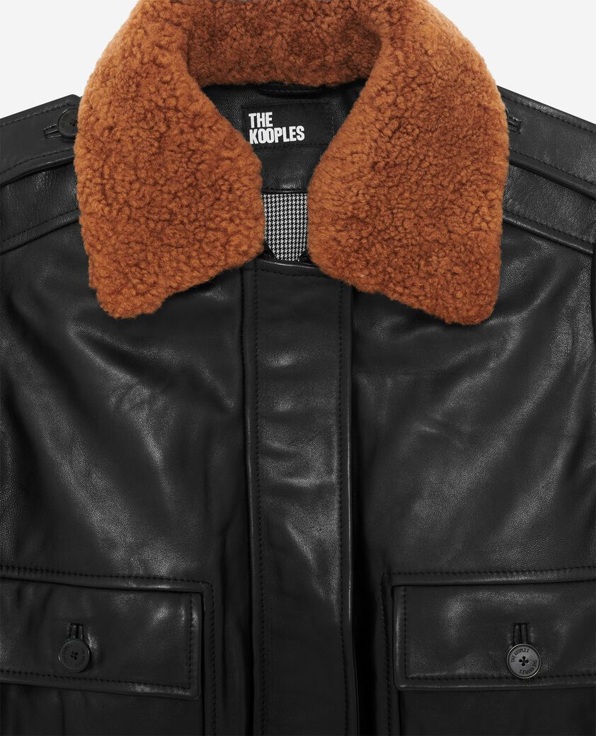 The Kooples DAMEN BLACK kurze schwarze glattlederjacke mit sherpa-kragen