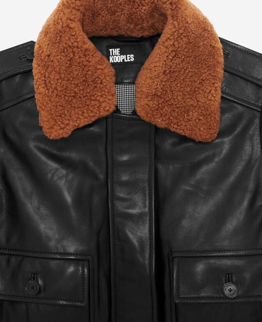 The Kooples WOMEN BLACK short black smooth leather jacket with sherpa collar