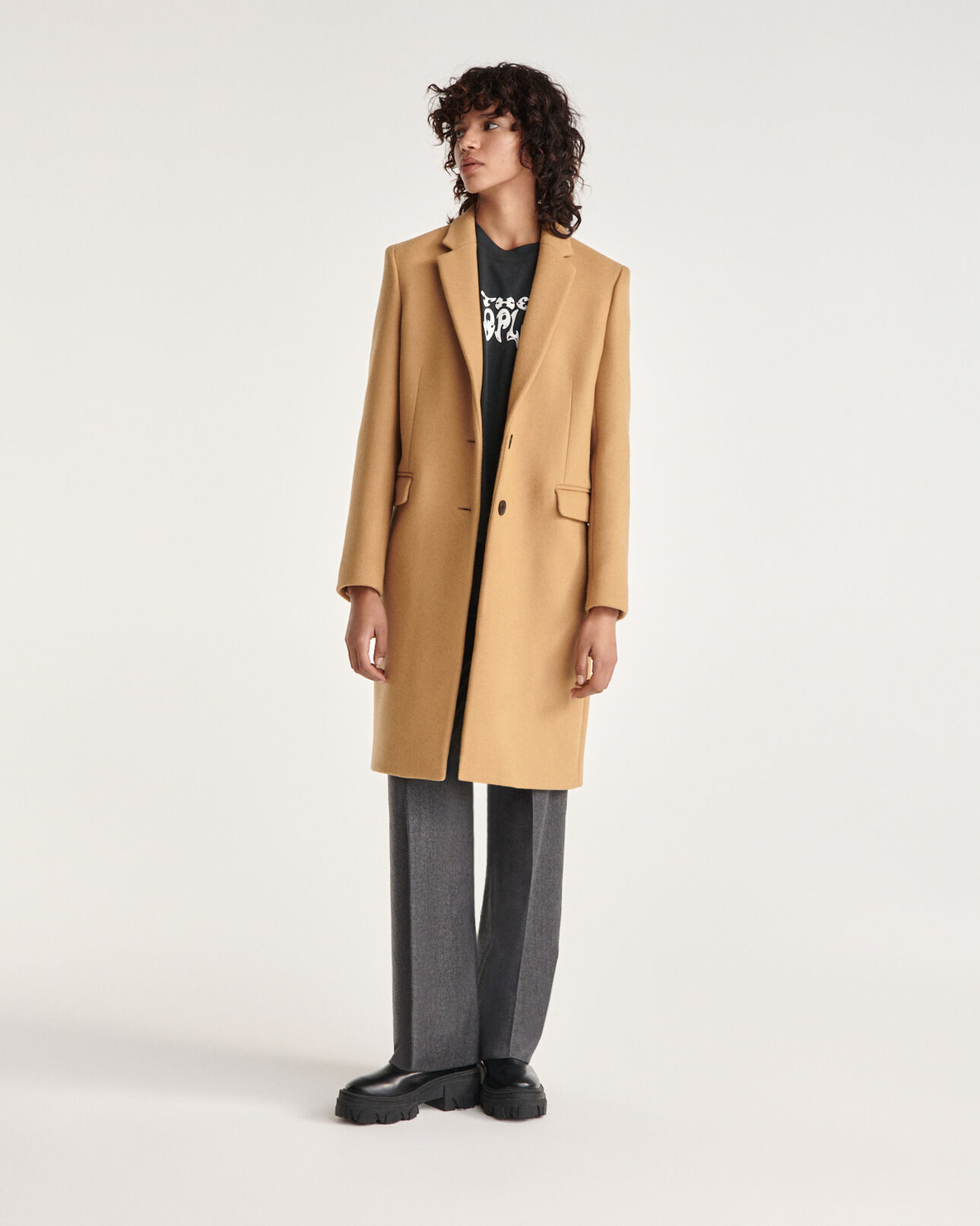 The Kooples WOMEN CAMEL fitted camel wool coat with leather detail