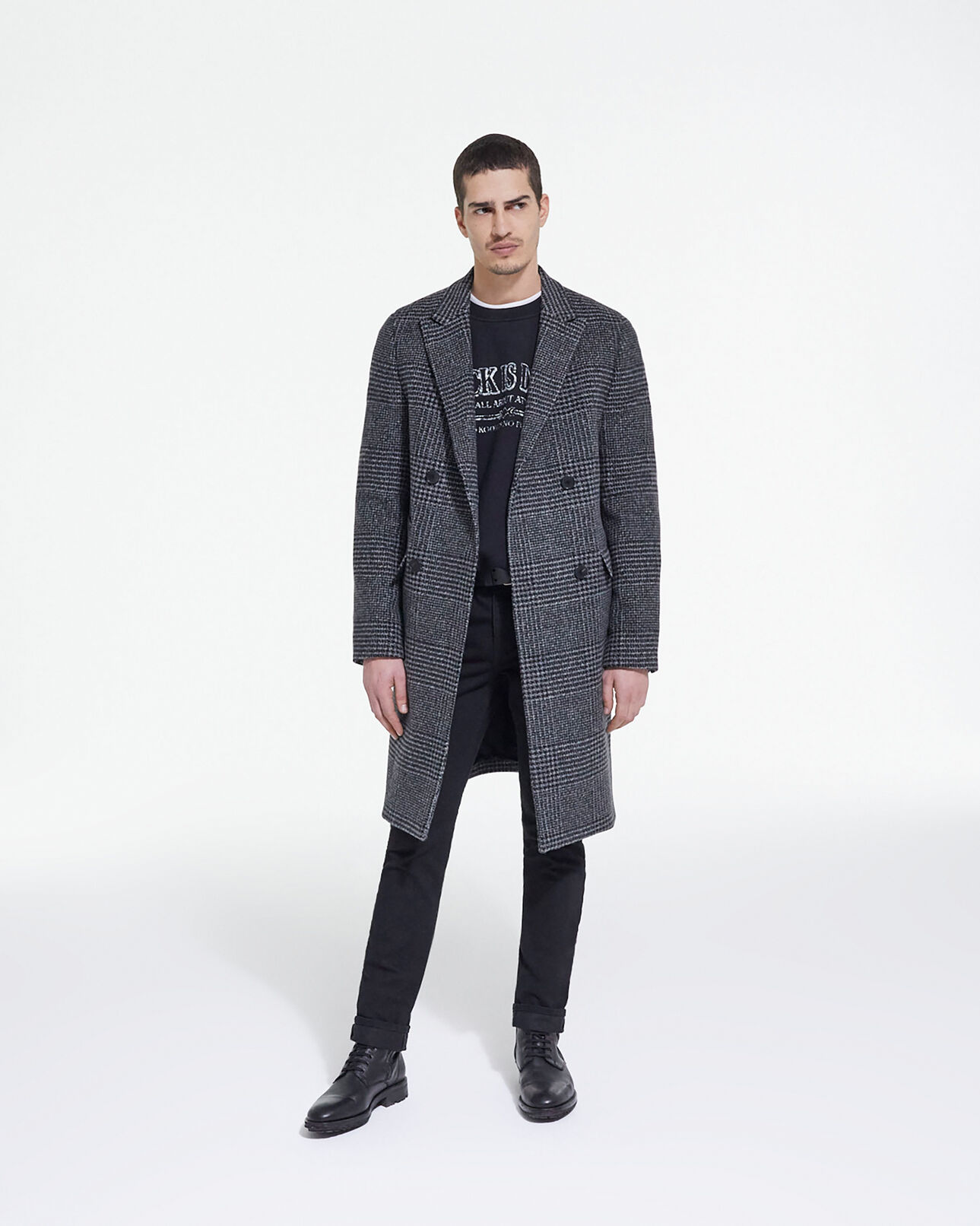 The Kooples HOMME DARK GREY manteau long en laine à carreaux