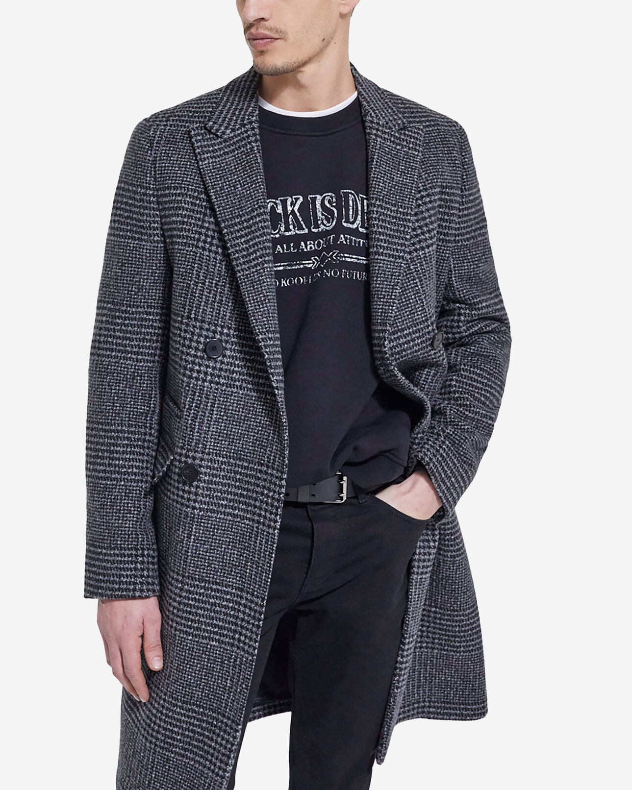 The Kooples HOMME DARK GREY manteau long en laine à carreaux
