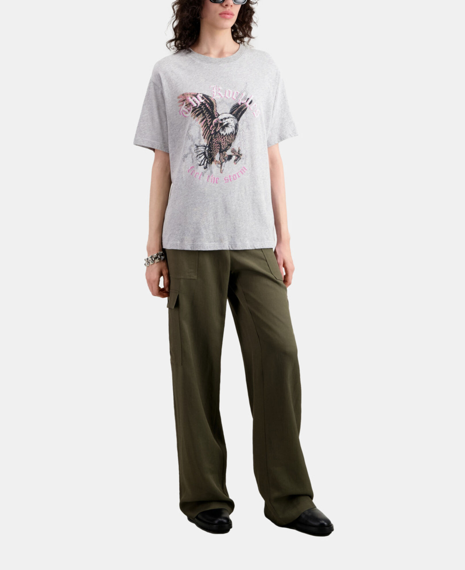 The Kooples FEMME GRIS CLAIR t-shirt femme gris avec sérigraphie feel the storm