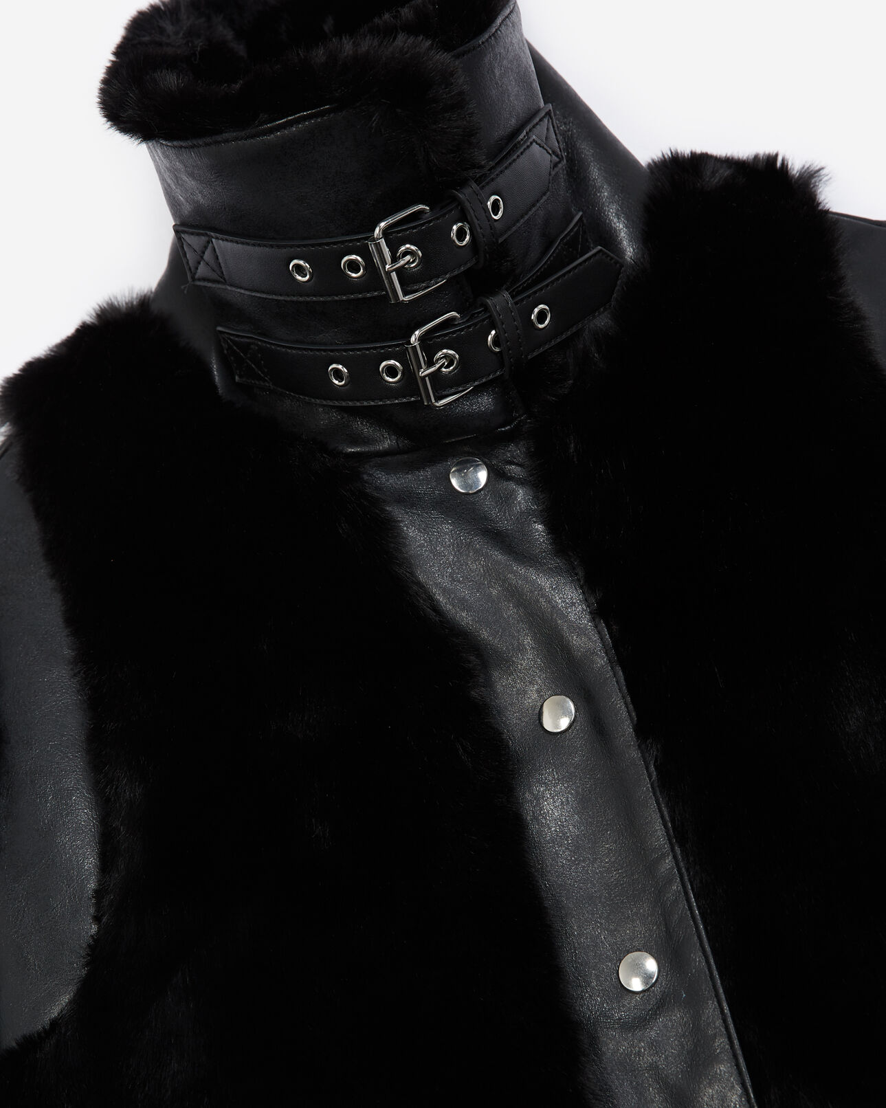 The Kooples WOMEN BLACK black faux fur coat with leather detail