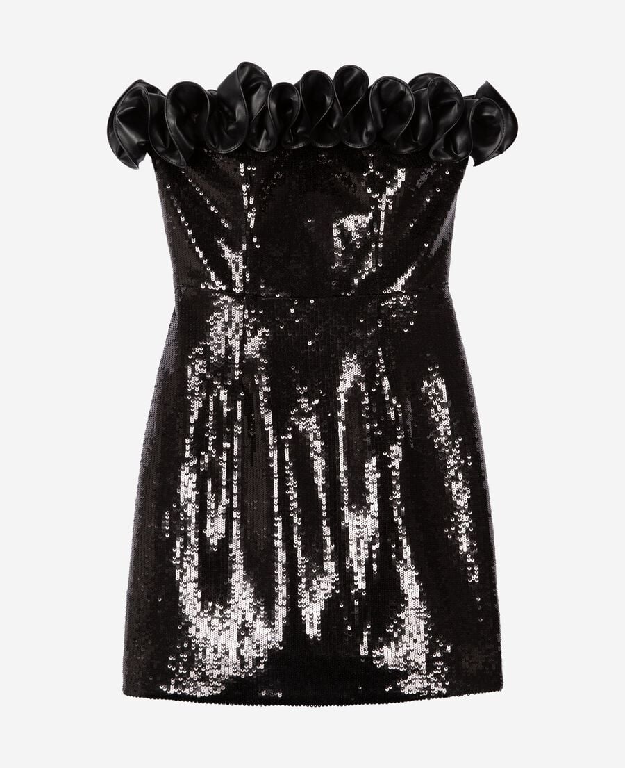 The Kooples F BLACK short strapless sequin dress with leather-effect detail in black