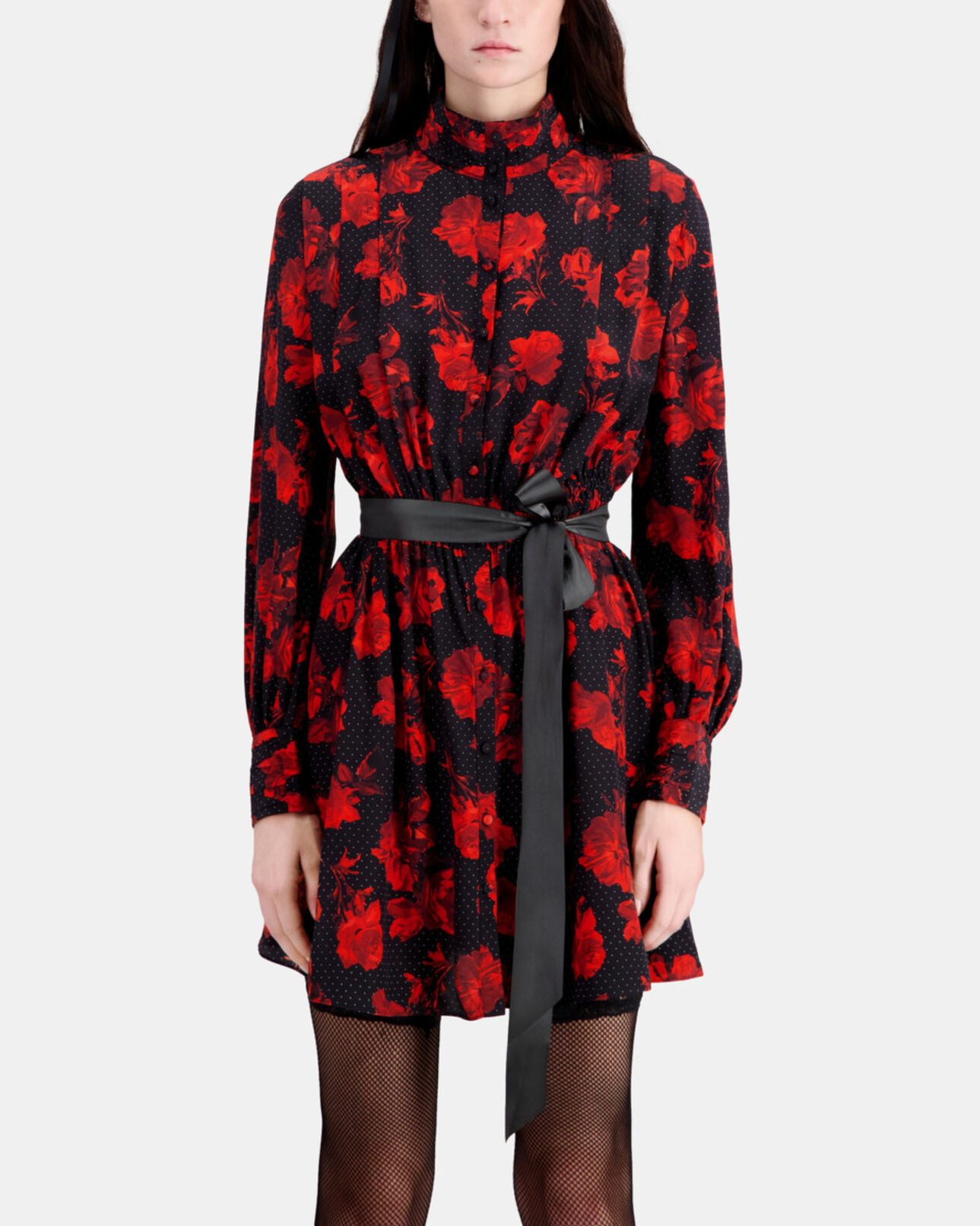 The Kooples FEMME BLACK - RED robe chemise courte imprimée en soie