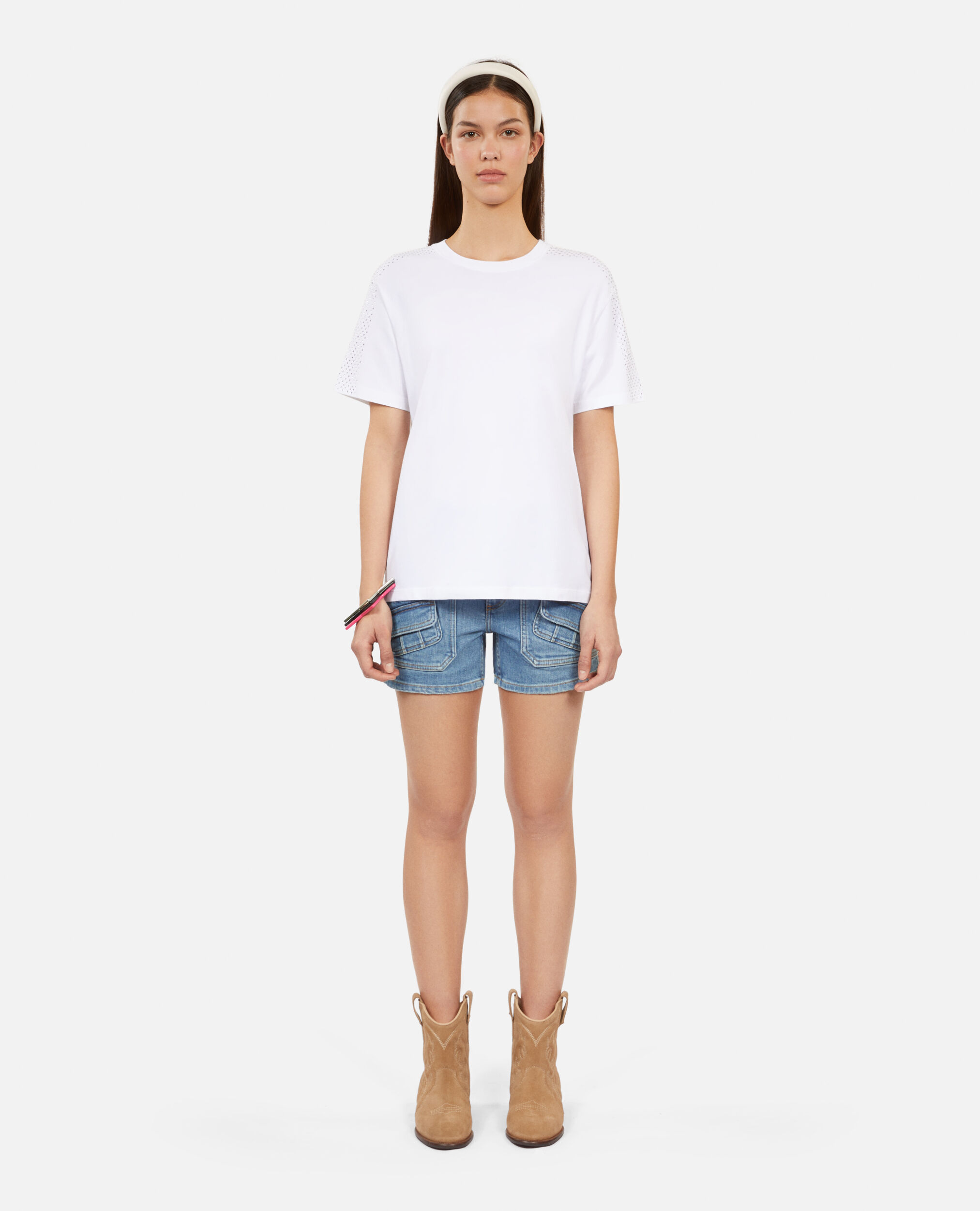 Women's white t-shirt with rhinestones, WHITE, hi-res image number null
