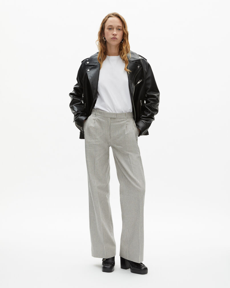 The Kooples FEMME BLANC / BLEU pantalon ample à rayures en coton et lin blanc