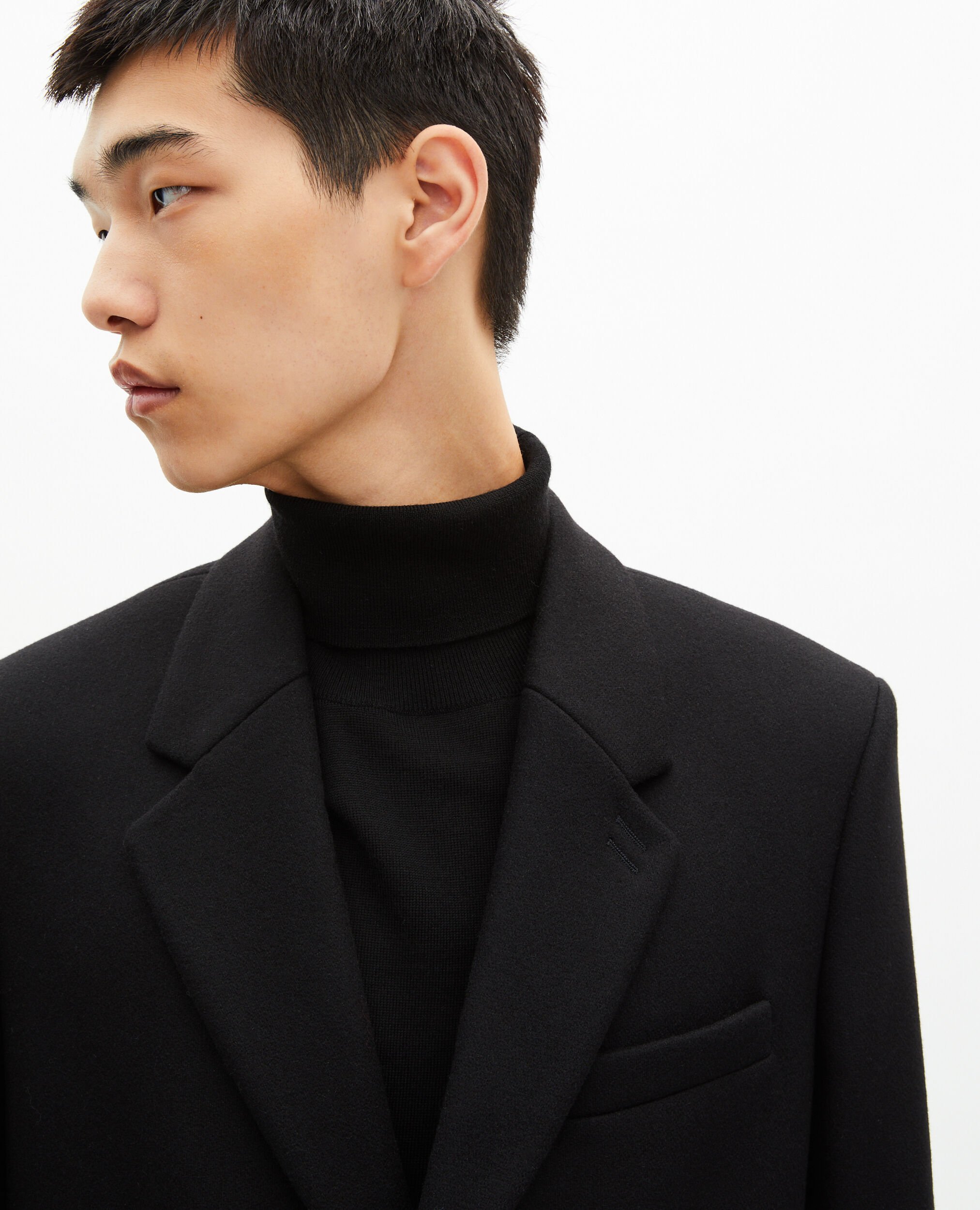 Black leather lapel collar coat, BLACK, hi-res image number null