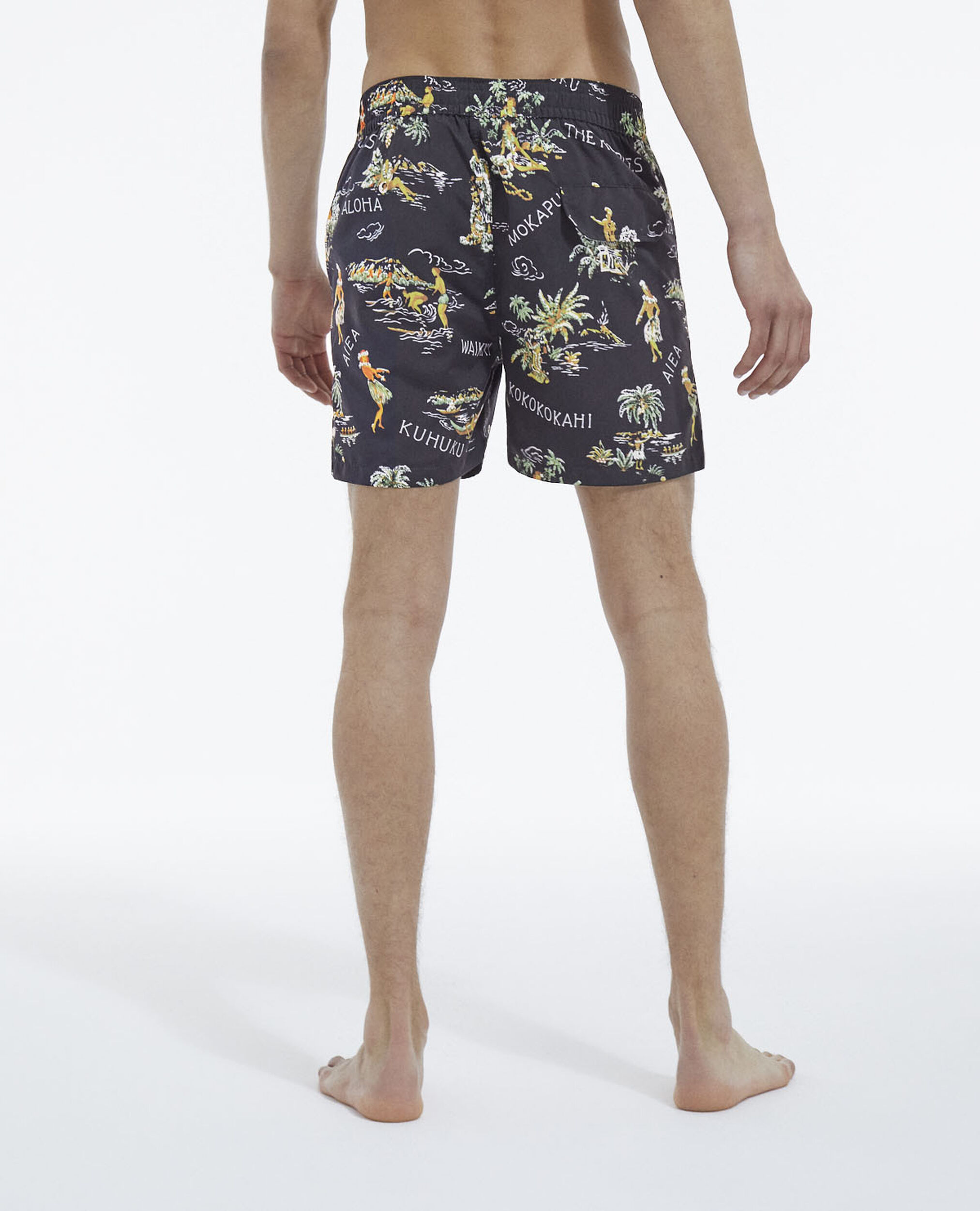 Black swim shorts with Hawaiian print, BLACK, hi-res image number null