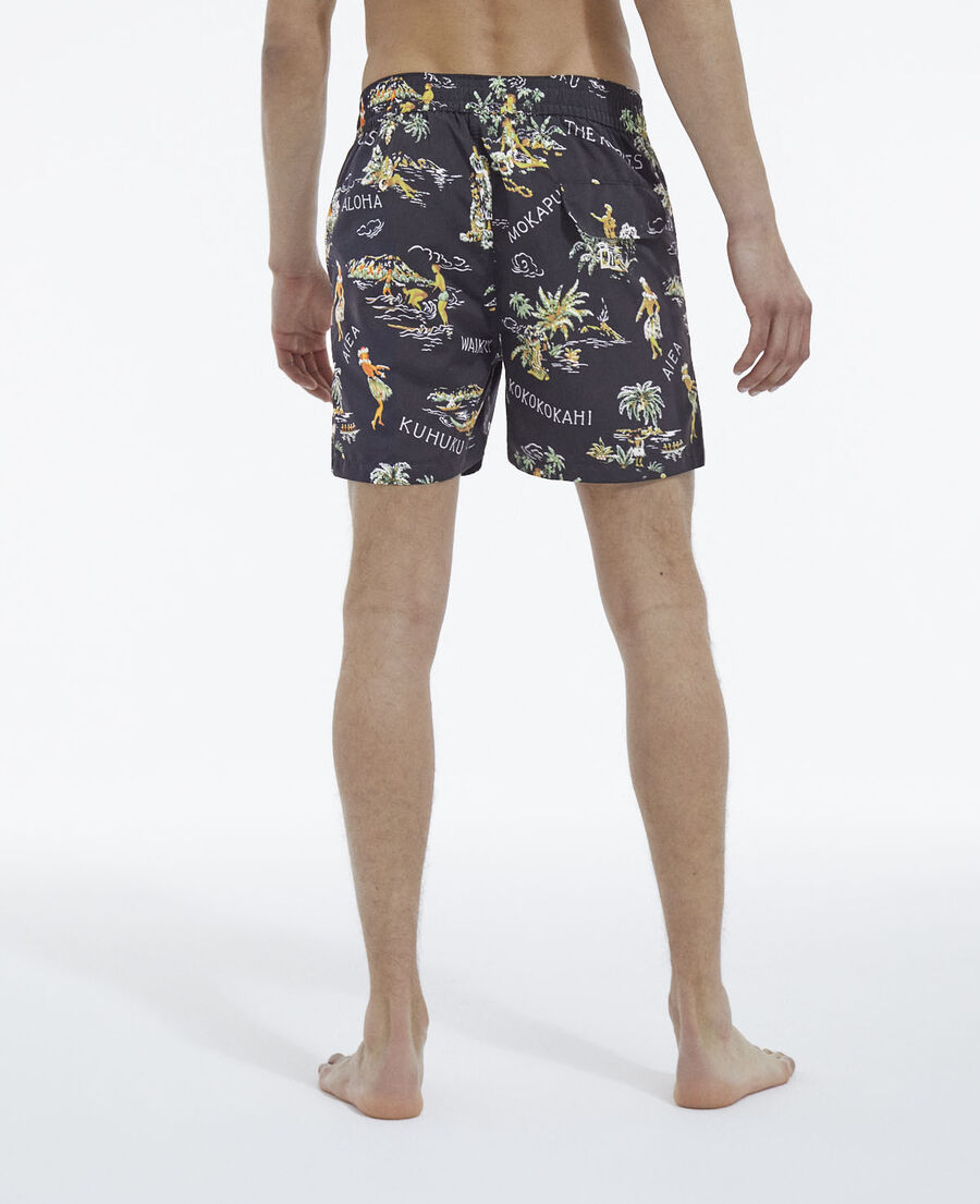 black swim shorts with hawaiian print
