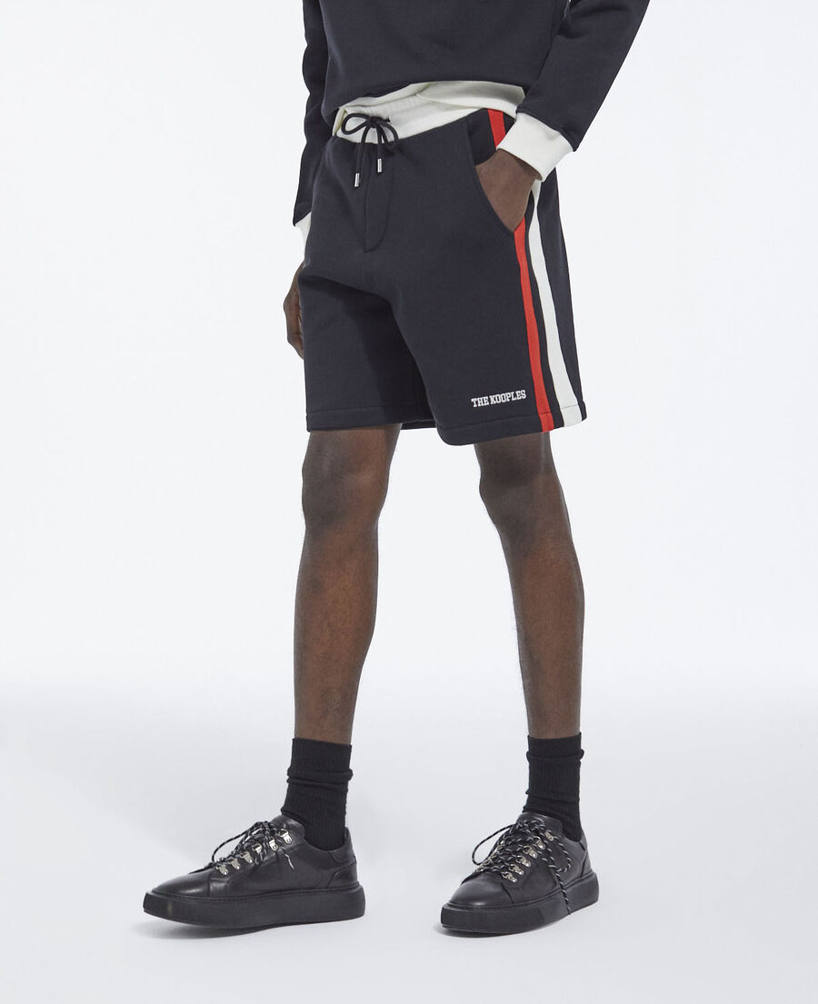 black fleece shorts with red side stripes