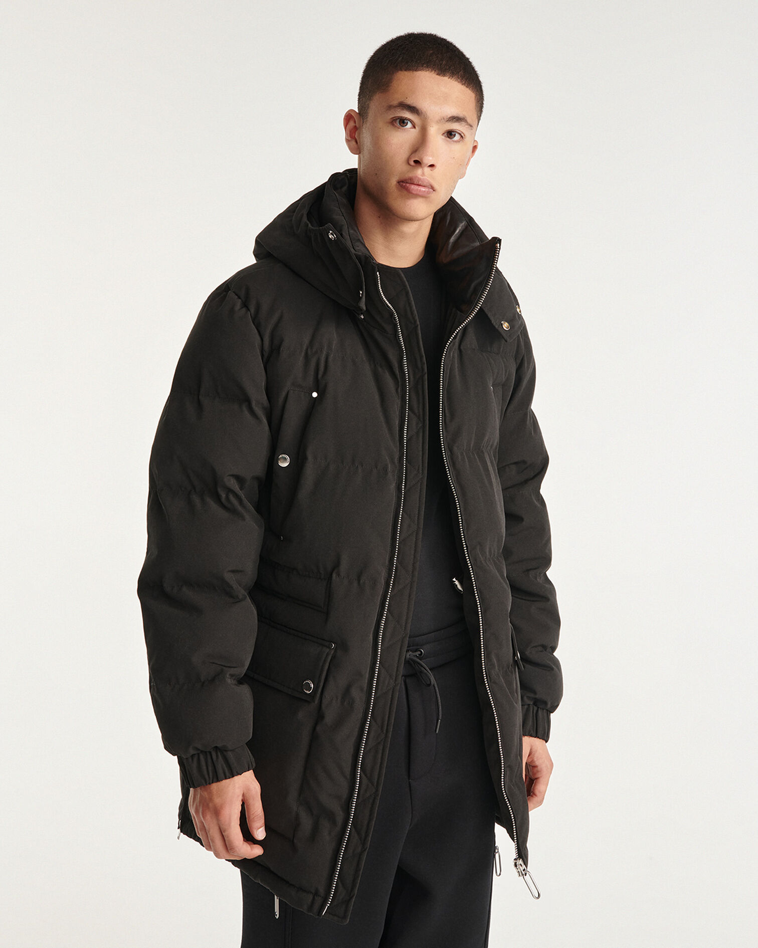 Long black nylon parka with removable hood, BLACK, hi-res image number null