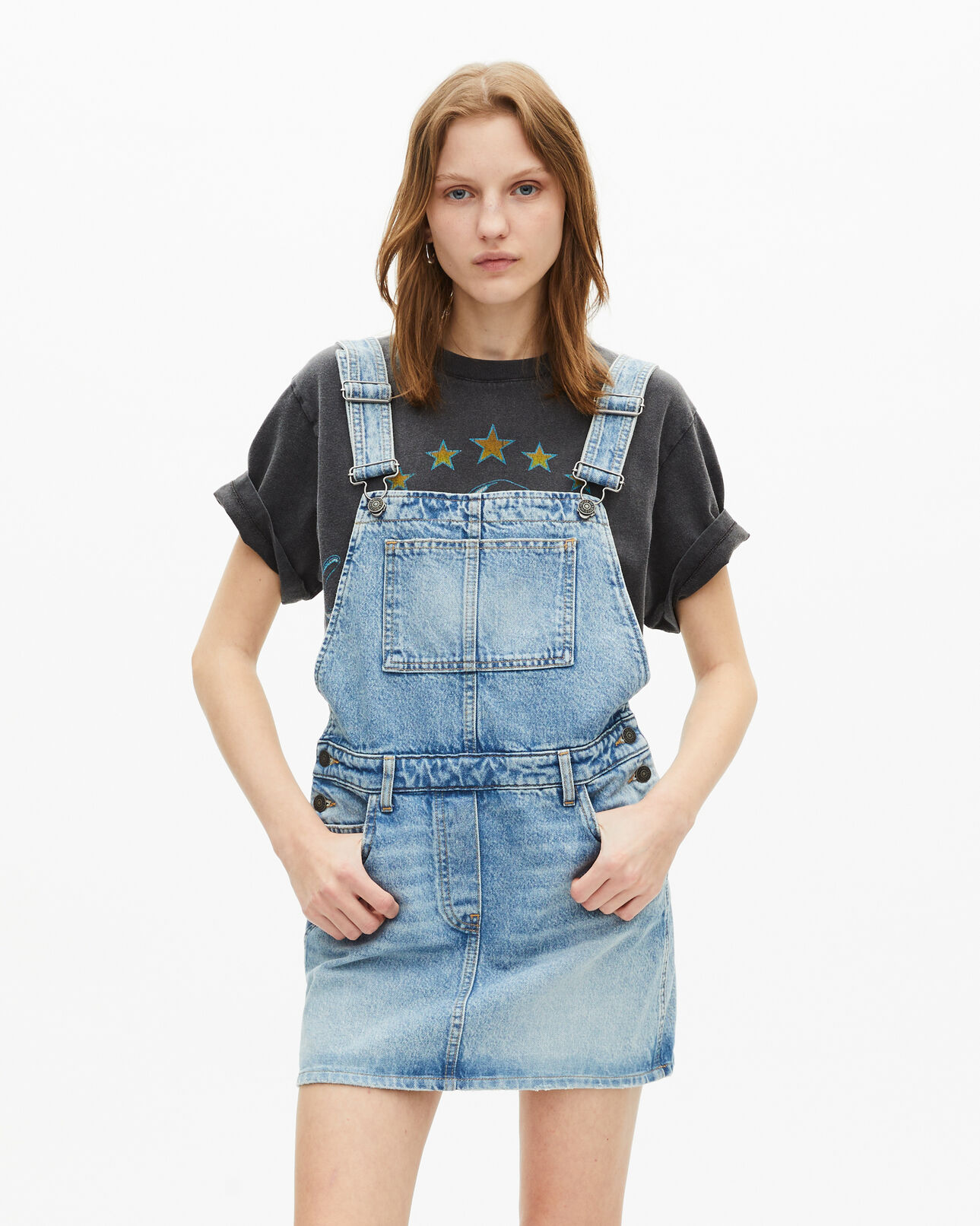 The Kooples WOMEN BLUE BLEACHED / NAVY short denim dungaree dress