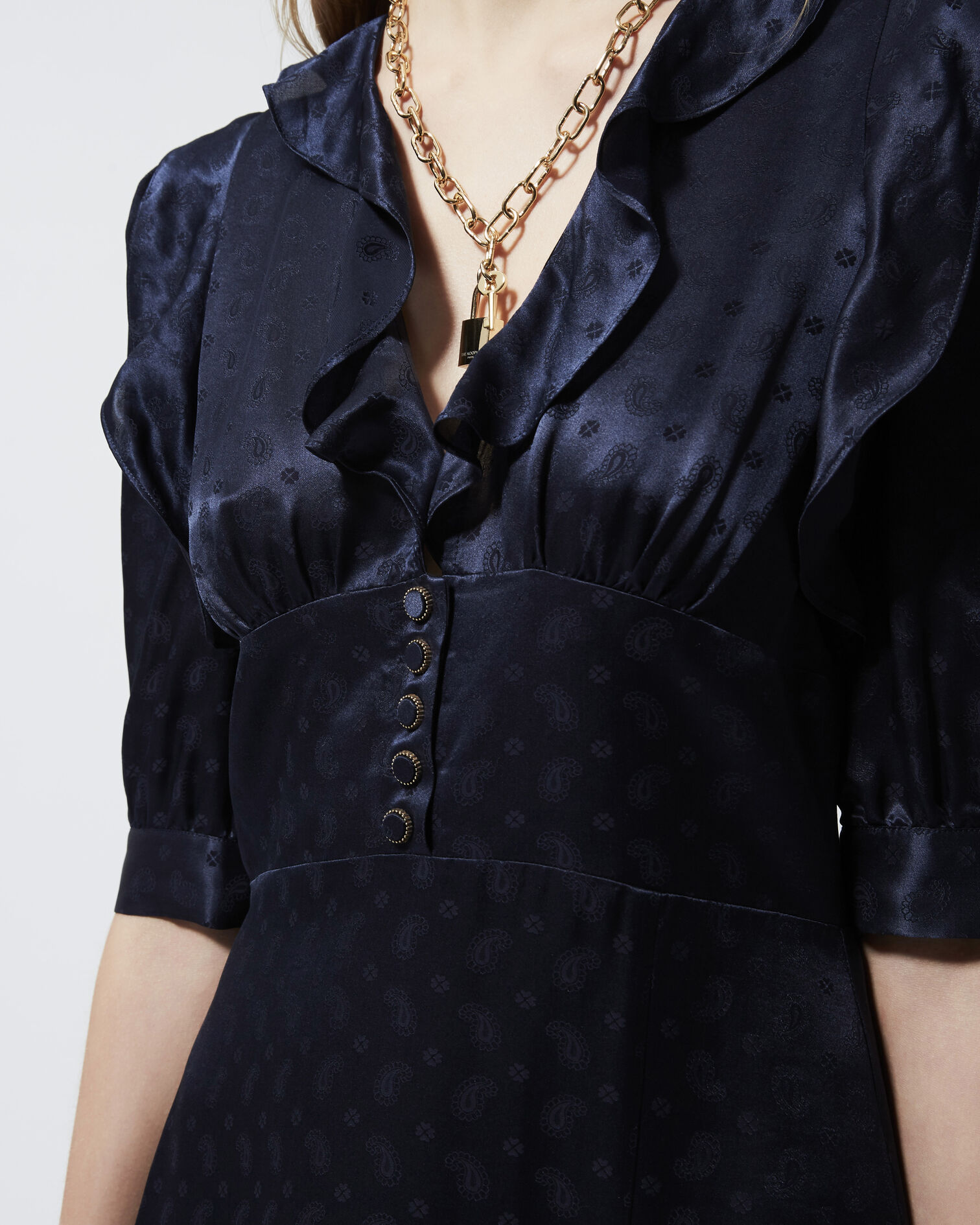 Navy blue jacquard short frilly dress, NAVY, hi-res image number null