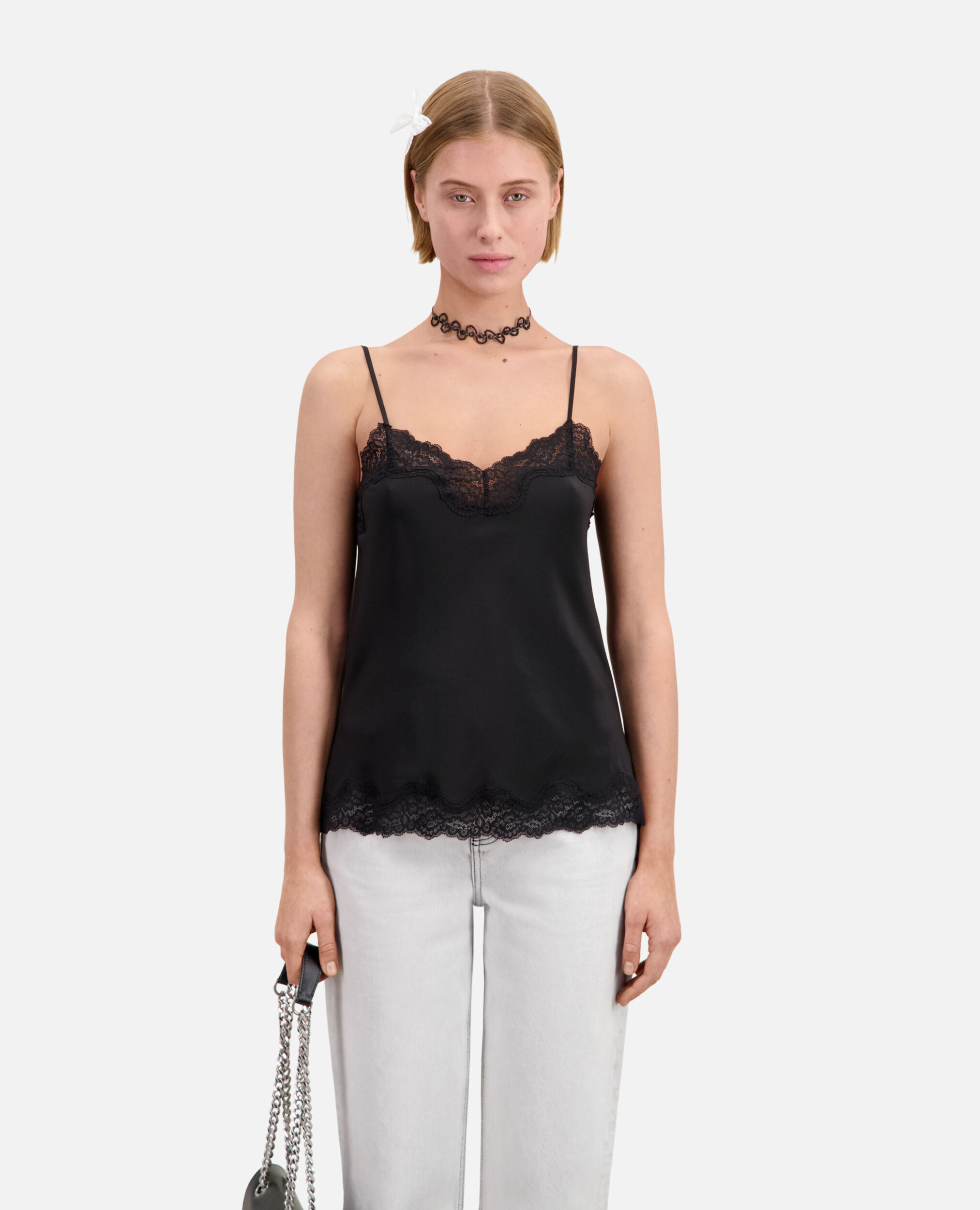 Black silk camisole with lace details, BLACK, hi-res image number null
