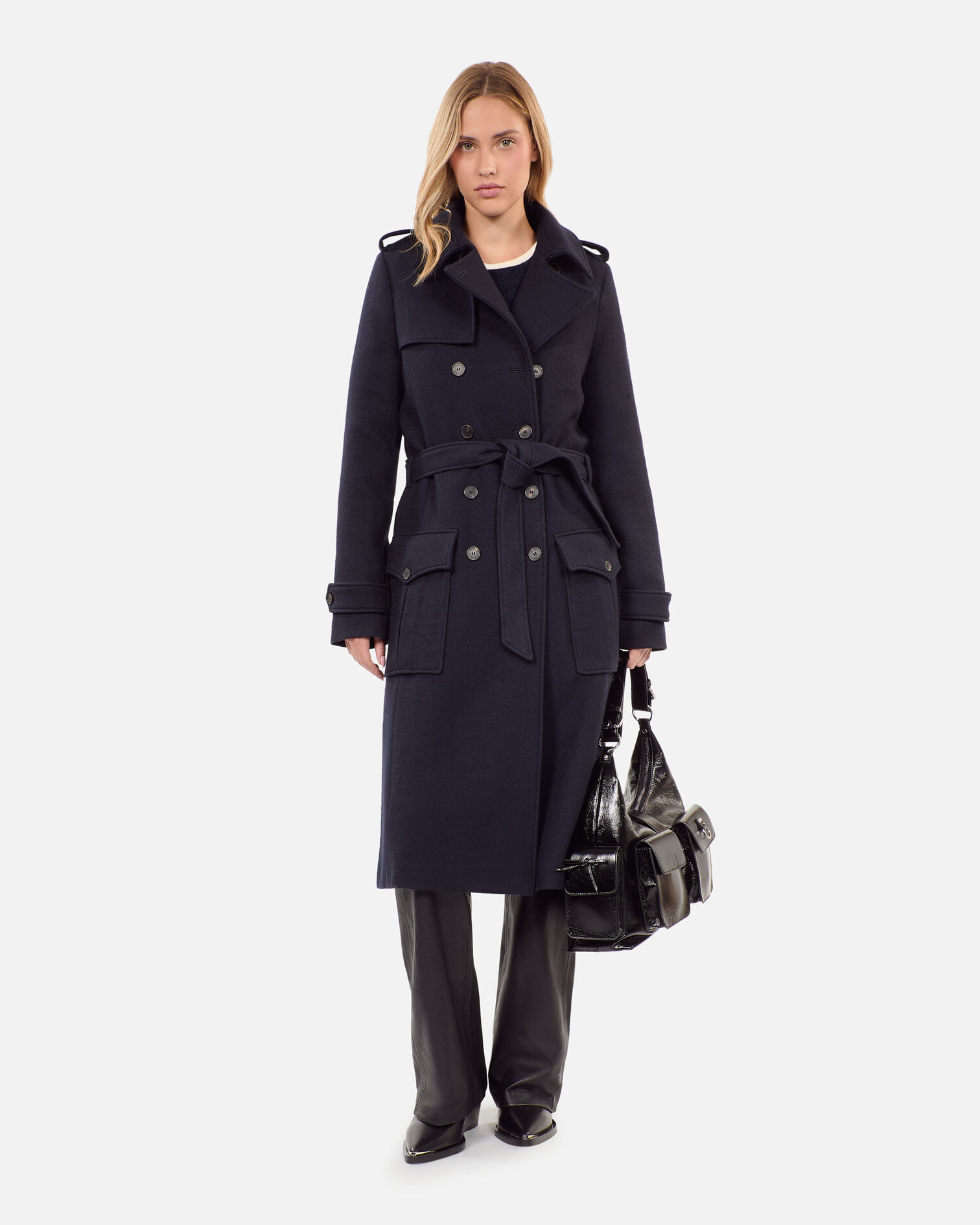 Manteau long style trench bleu marine, DARK NAVY, hi-res image number null