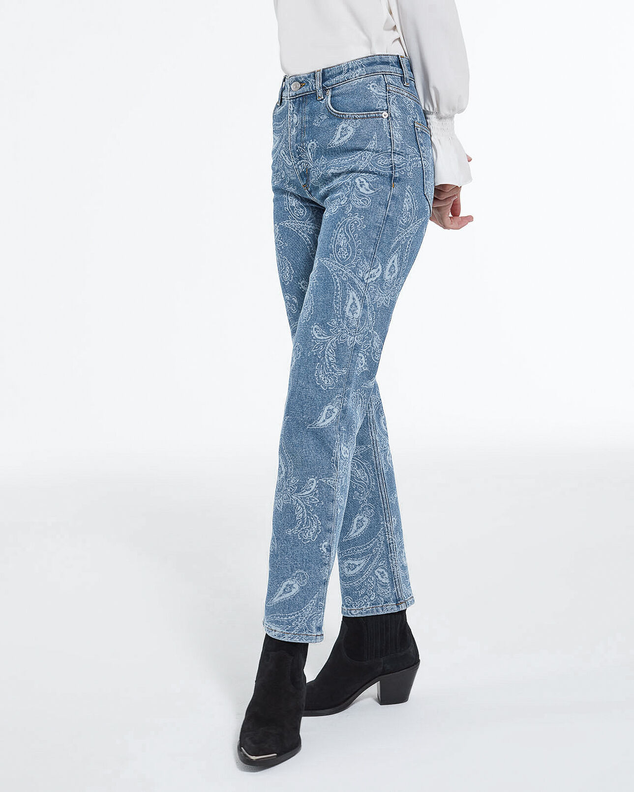 The Kooples WOMEN BLUE DENIM straight cropped jeans with faded paisley pattern