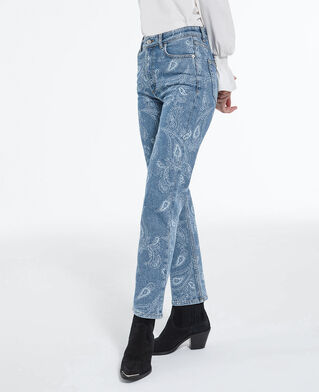 The Kooples FEMME BLUE DENIM jean droit cropped motif cachemire délavé