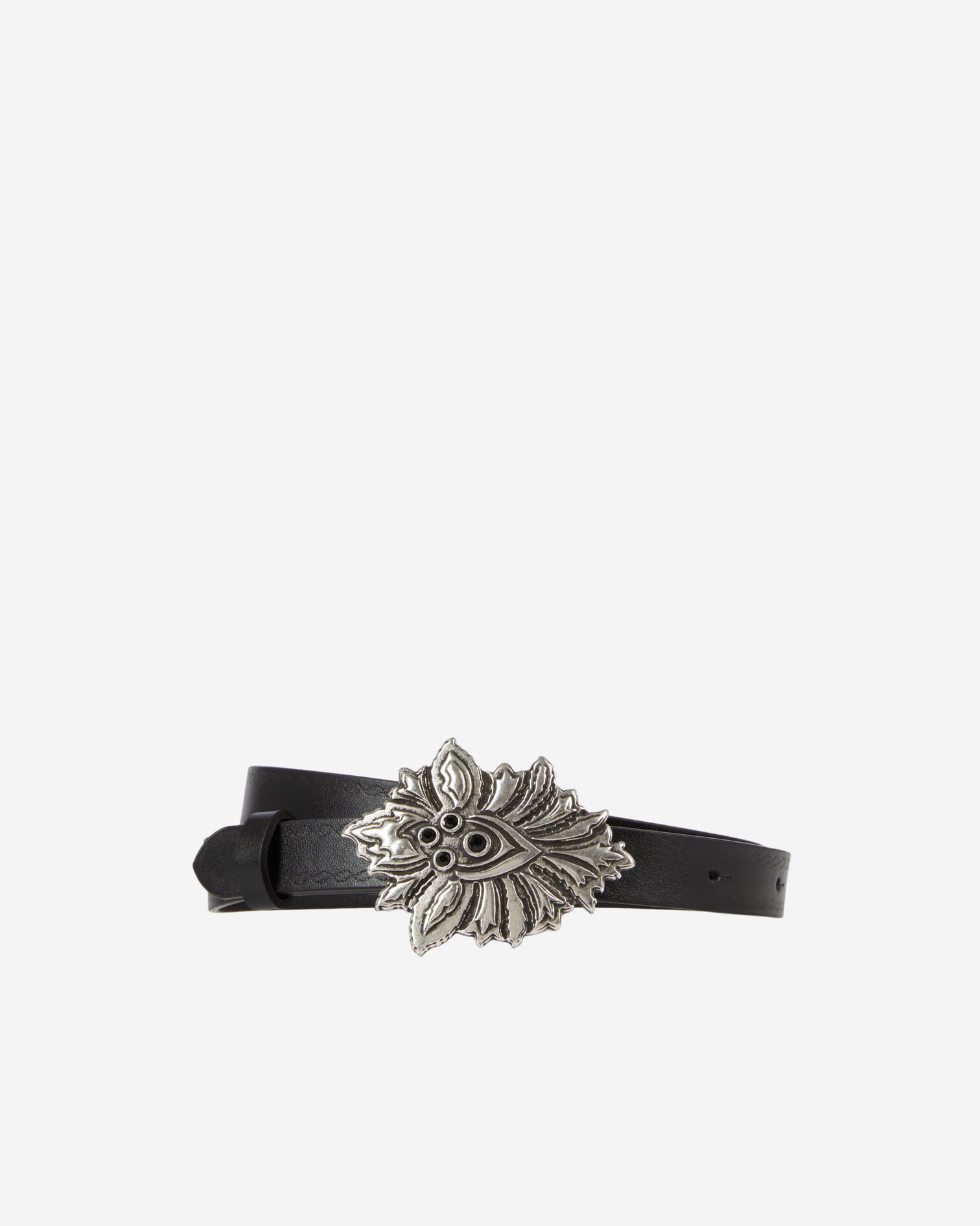 Ceinture fine en cuir noir avec boucle fleur, BLACK, hi-res image number null