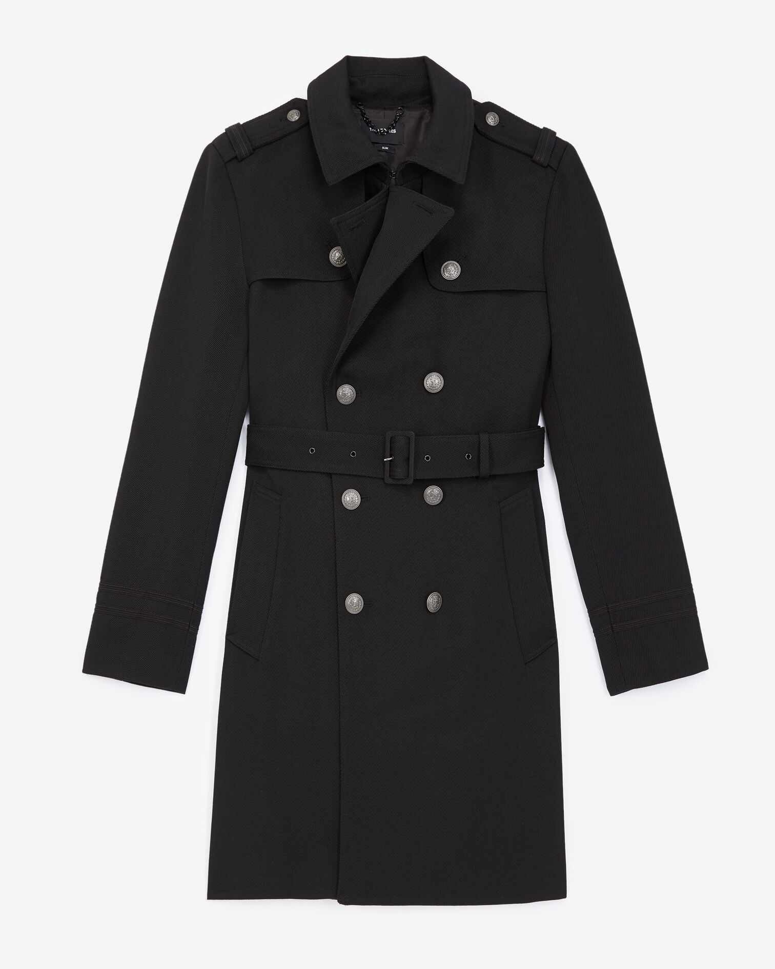 Black wool coat with silver buttons, BLACK, hi-res image number null