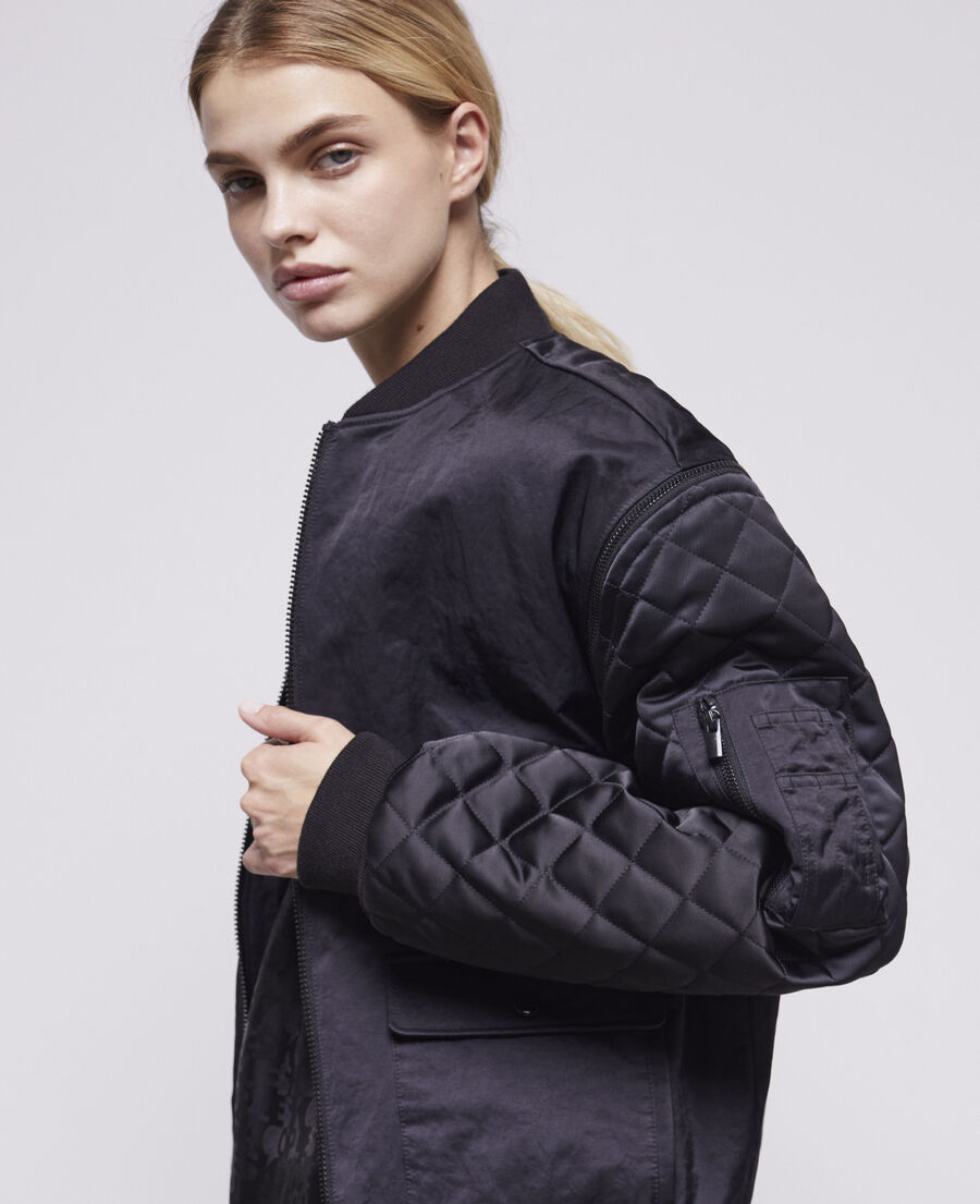 black satin bomber jacket with detachable sleeves
