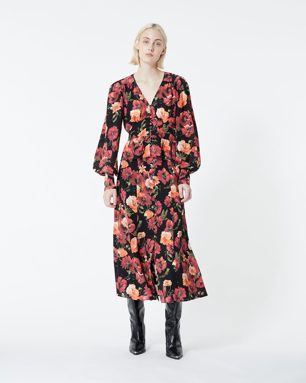 The Kooples WOMEN MULTICOLOR long printed skirt in silk with floral motif