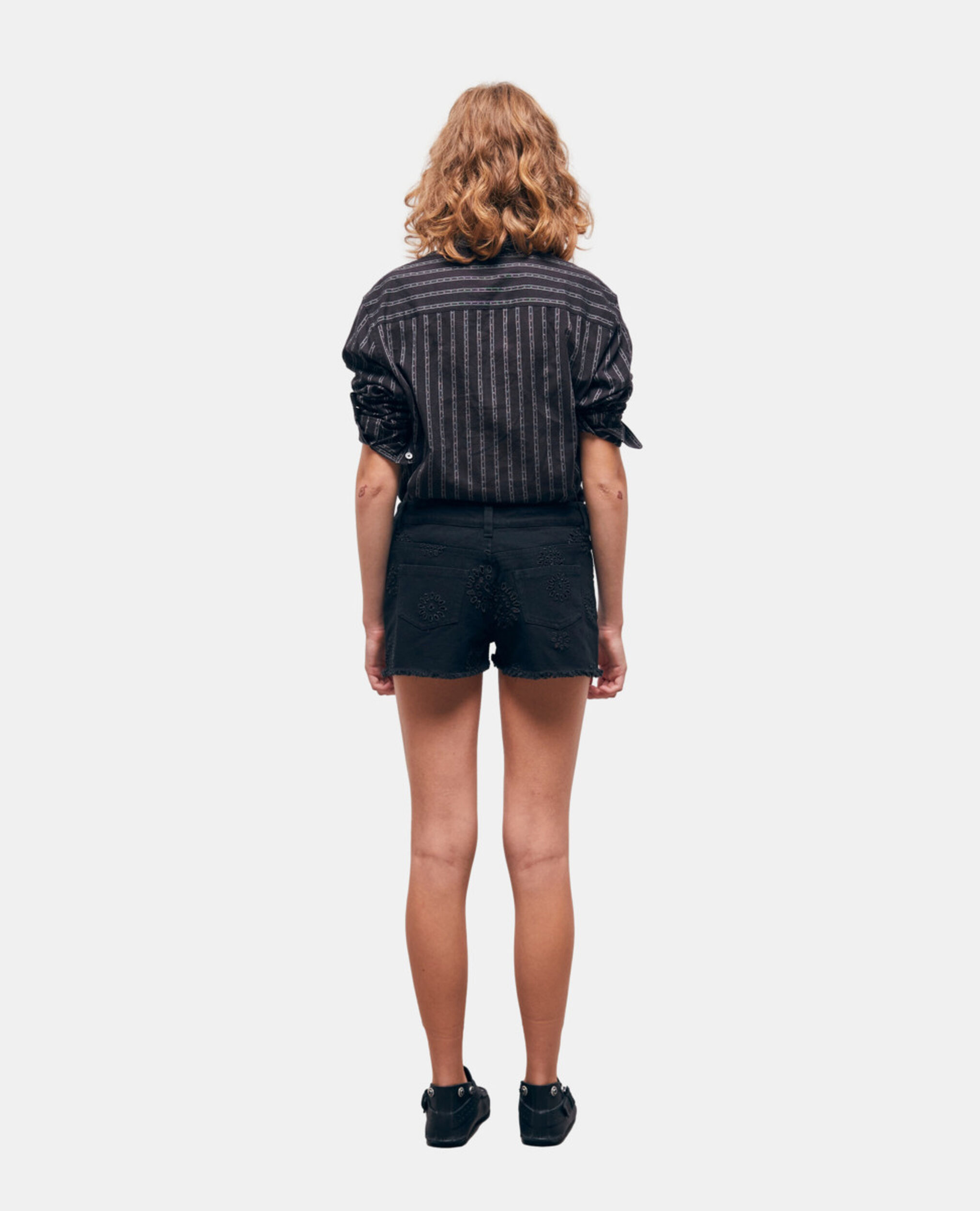 Schwarze Denimshorts mit englischer Stickerei, BLACK, hi-res image number null