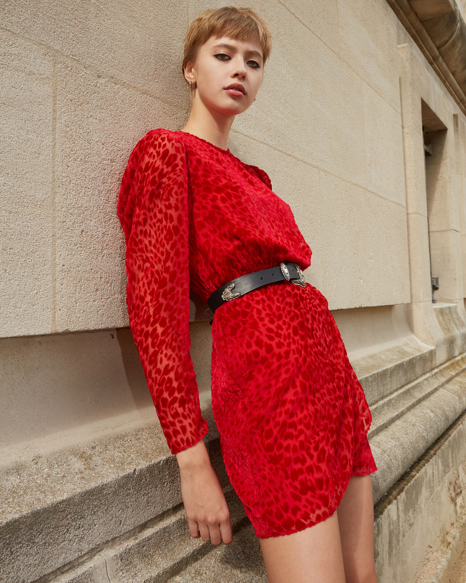 Short red dress with puffed sleeves, RED, hi-res image number null