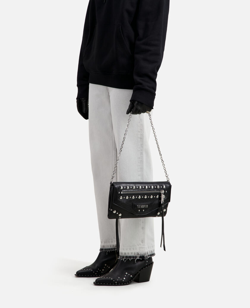 The Kooples WOMEN BLACK small jill black leather pouch with studs and chain