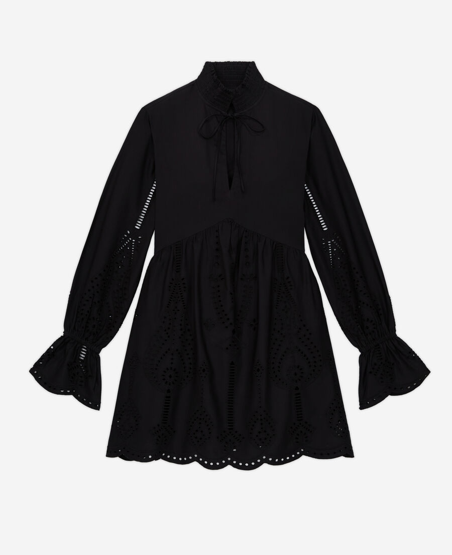 Short black dress with broderie anglaise | The Kooples - US