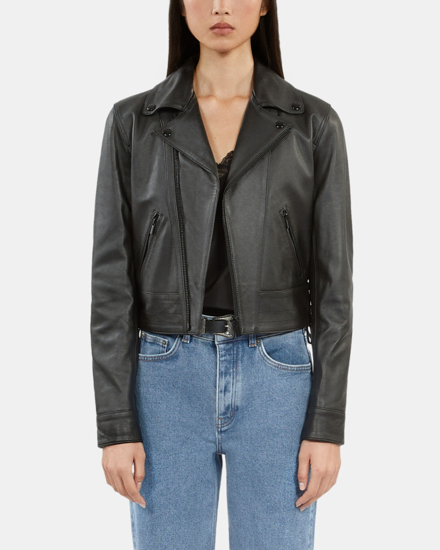 Black leather studded jacket, BLACK, hi-res image number null