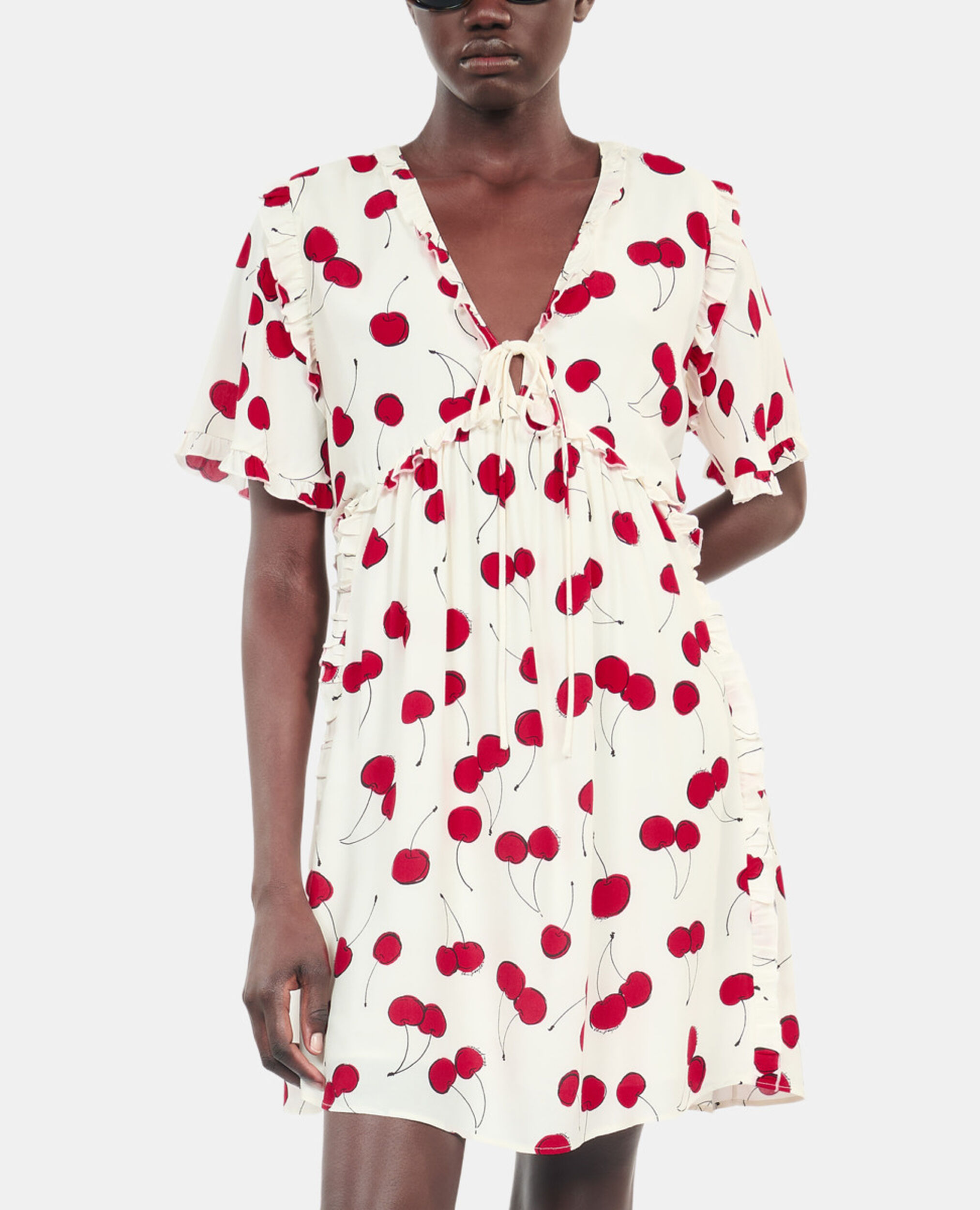 Short cherry printed dress, ECRU RED, hi-res image number null