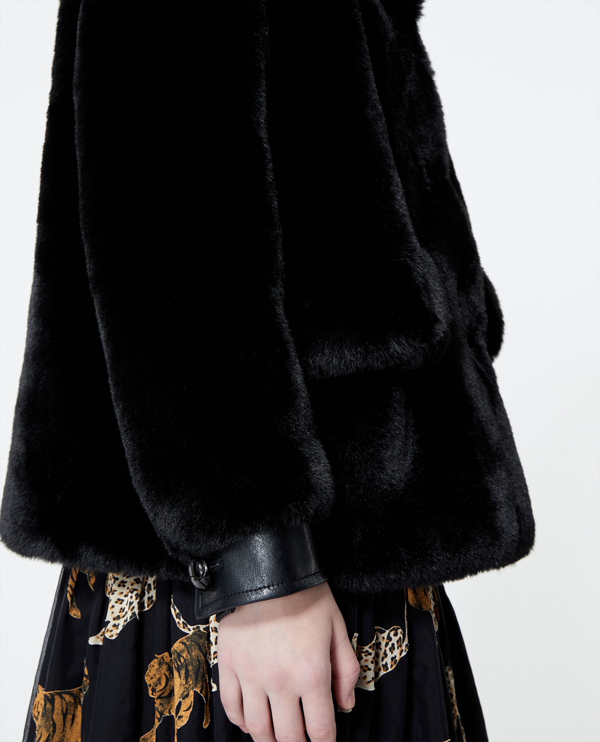 Short black faux fur coat, BLACK, hi-res image number null