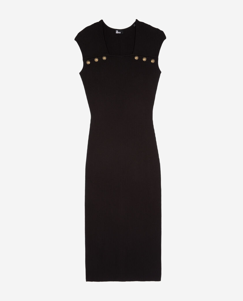 The Kooples DAMEN BLACK langes kleid aus schwarzem rippstrick