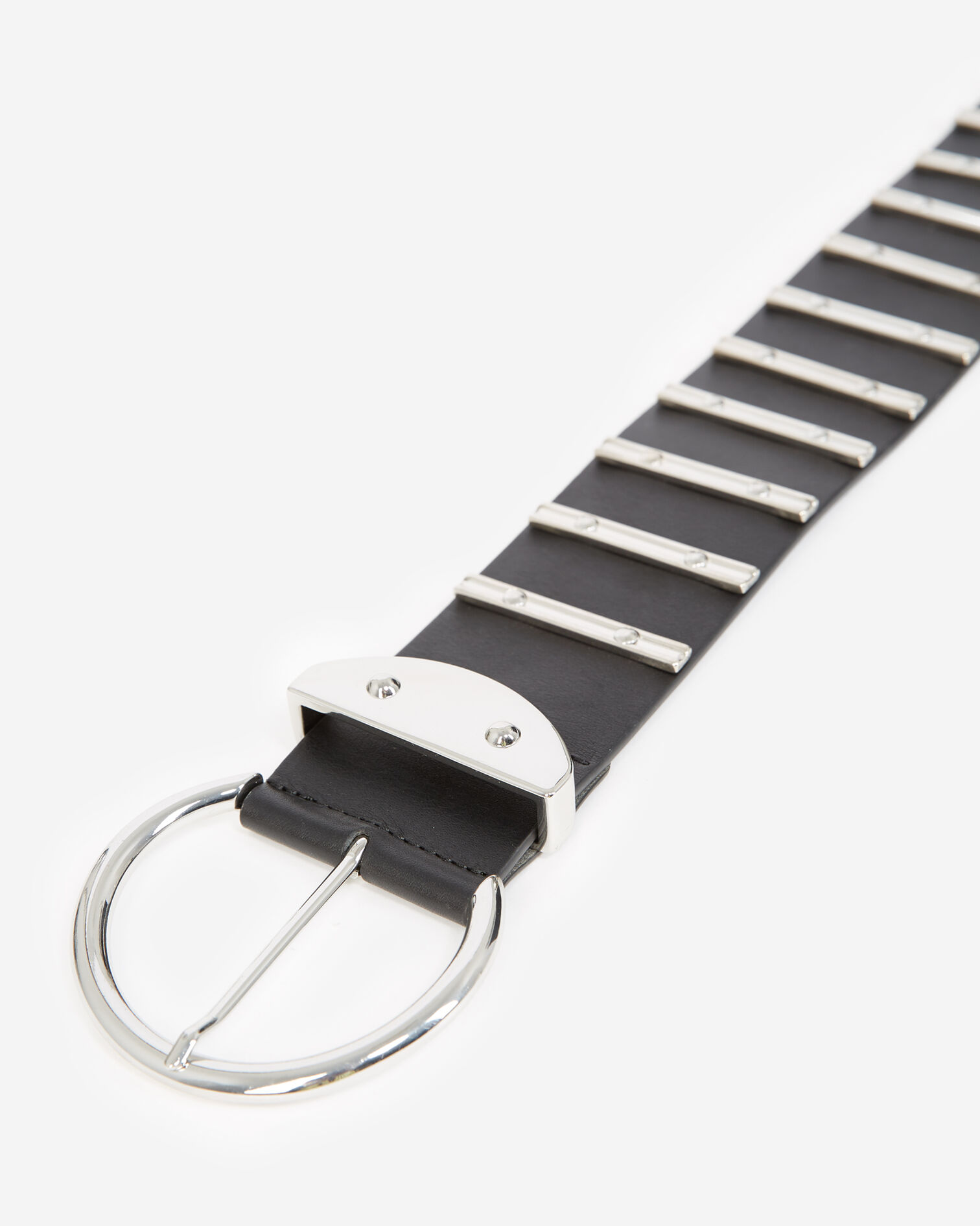 Black skinny leather belt with silver details, BLACK, hi-res image number null