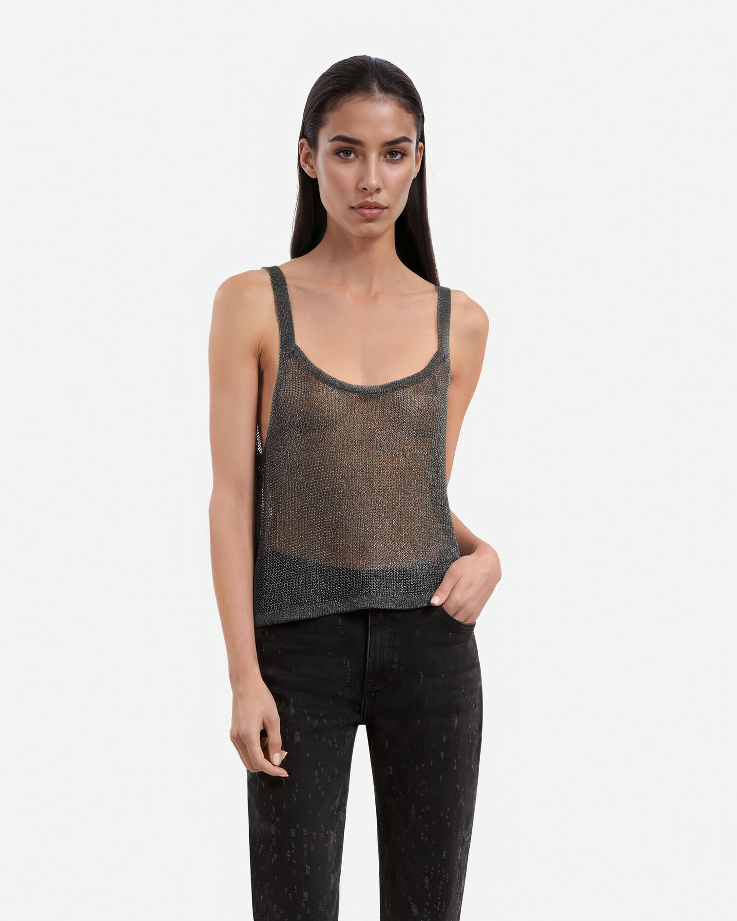 Grey knit rib effect tank top, GREY SILVER, hi-res image number null
