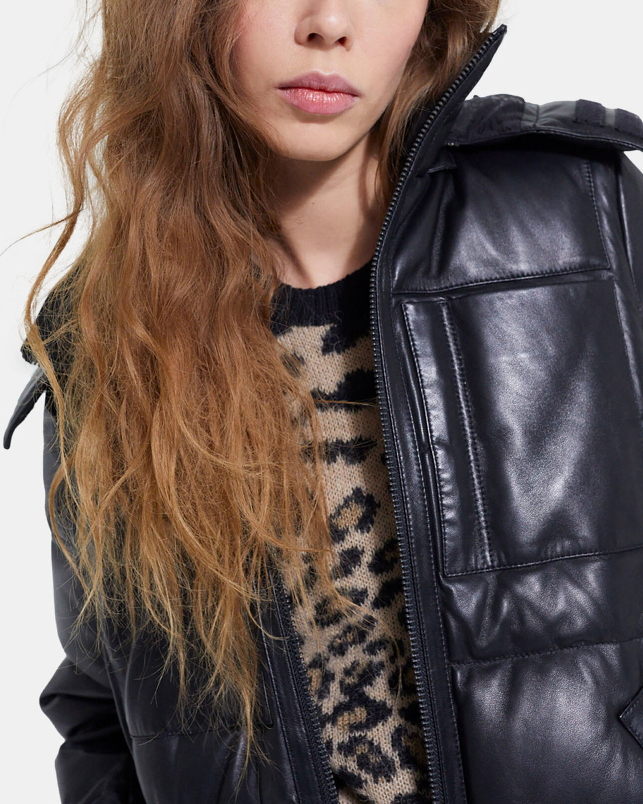The Kooples WOMEN BLACK black leather down jacket with straps and logo