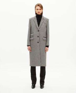 The Kooples WOMEN BLACK WHITE long black and white wool houndstooth coat