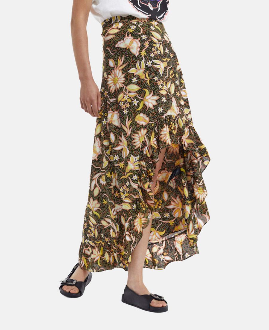 The Kooples FEMME BLACK jupe fleurie asymétrique à volants