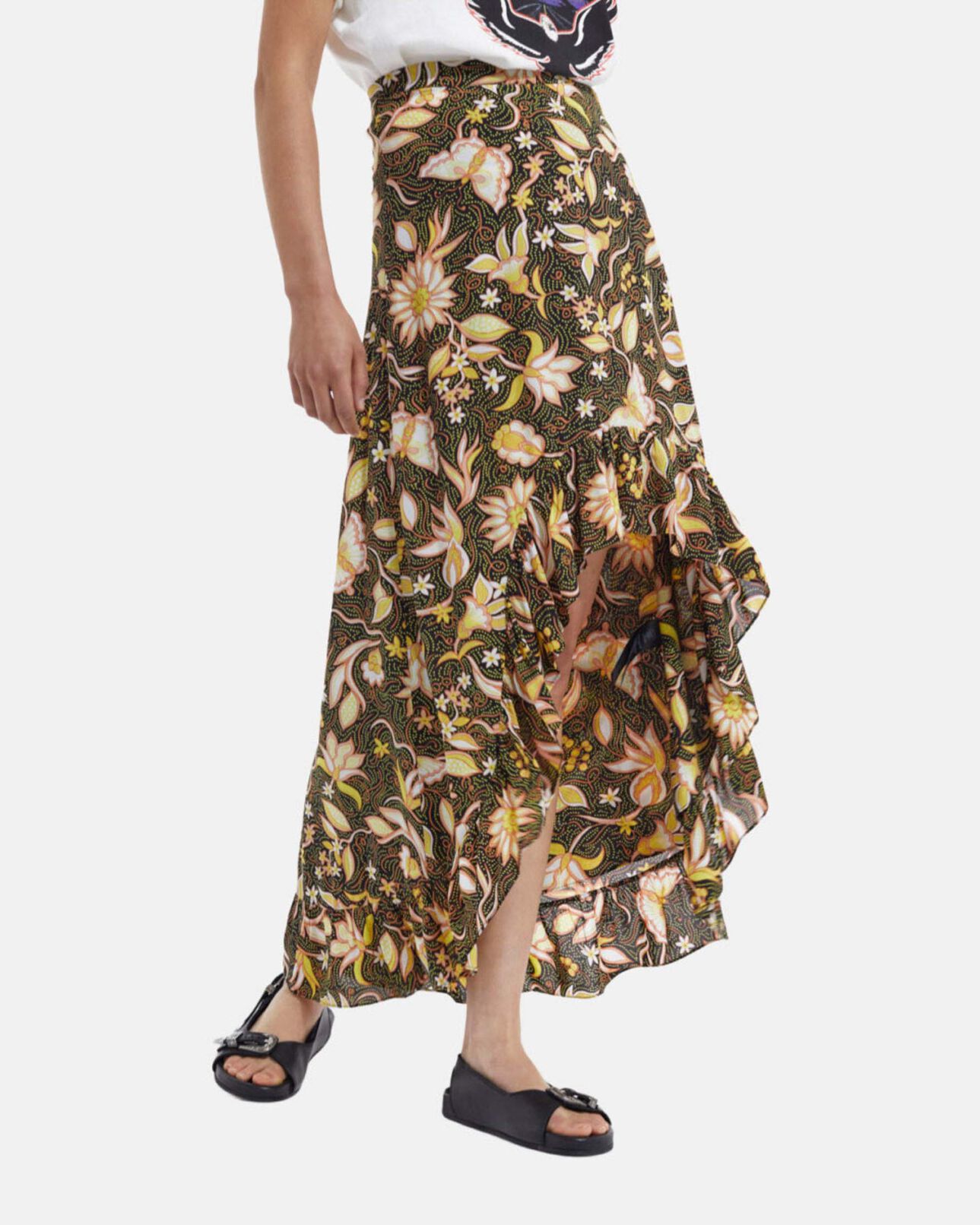 The Kooples FEMME BLACK jupe fleurie asymétrique à volants