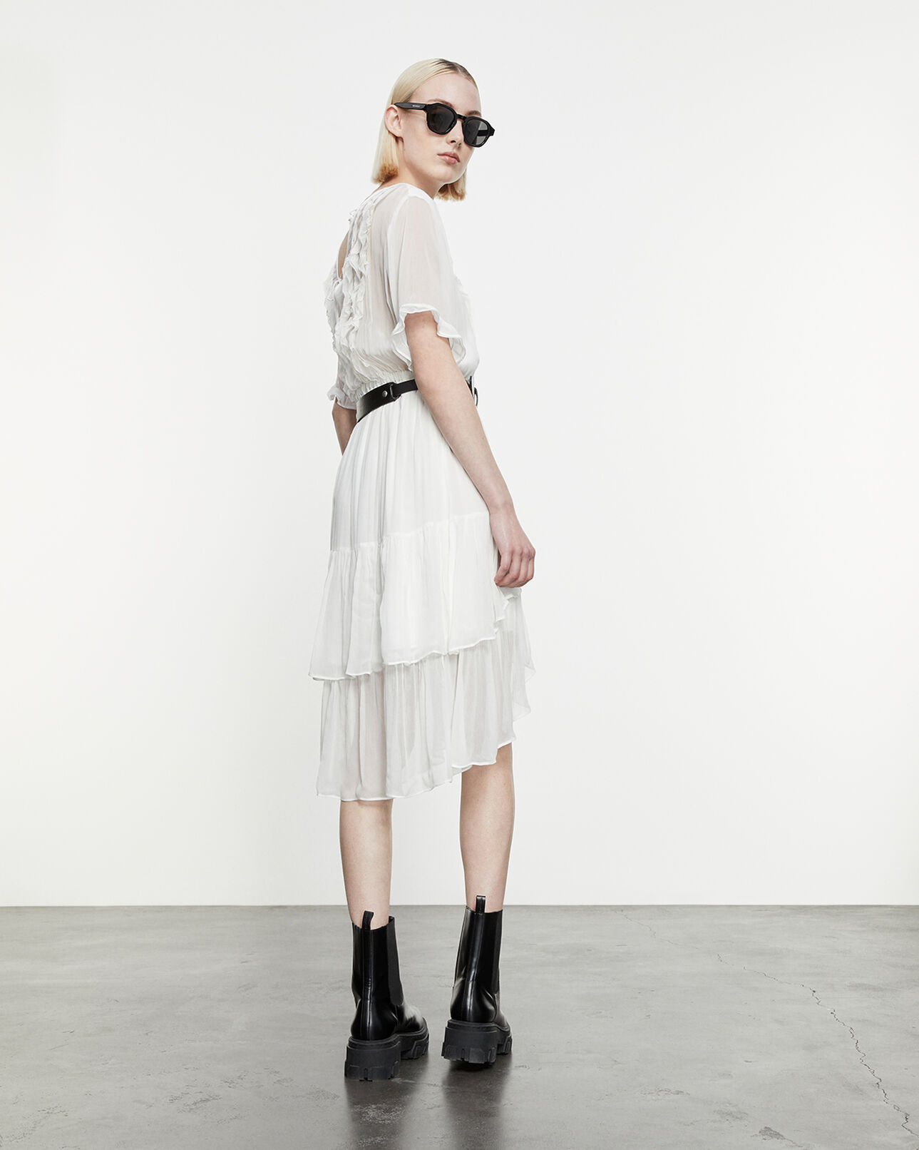 The Kooples MUJER ECRU vestido largo blanco crudo escote v volantes