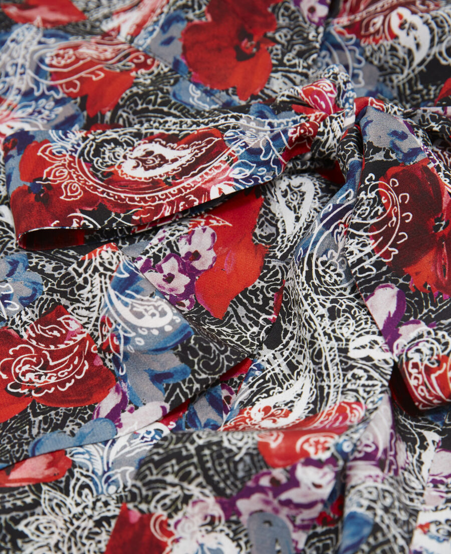 red silk dress with floral print