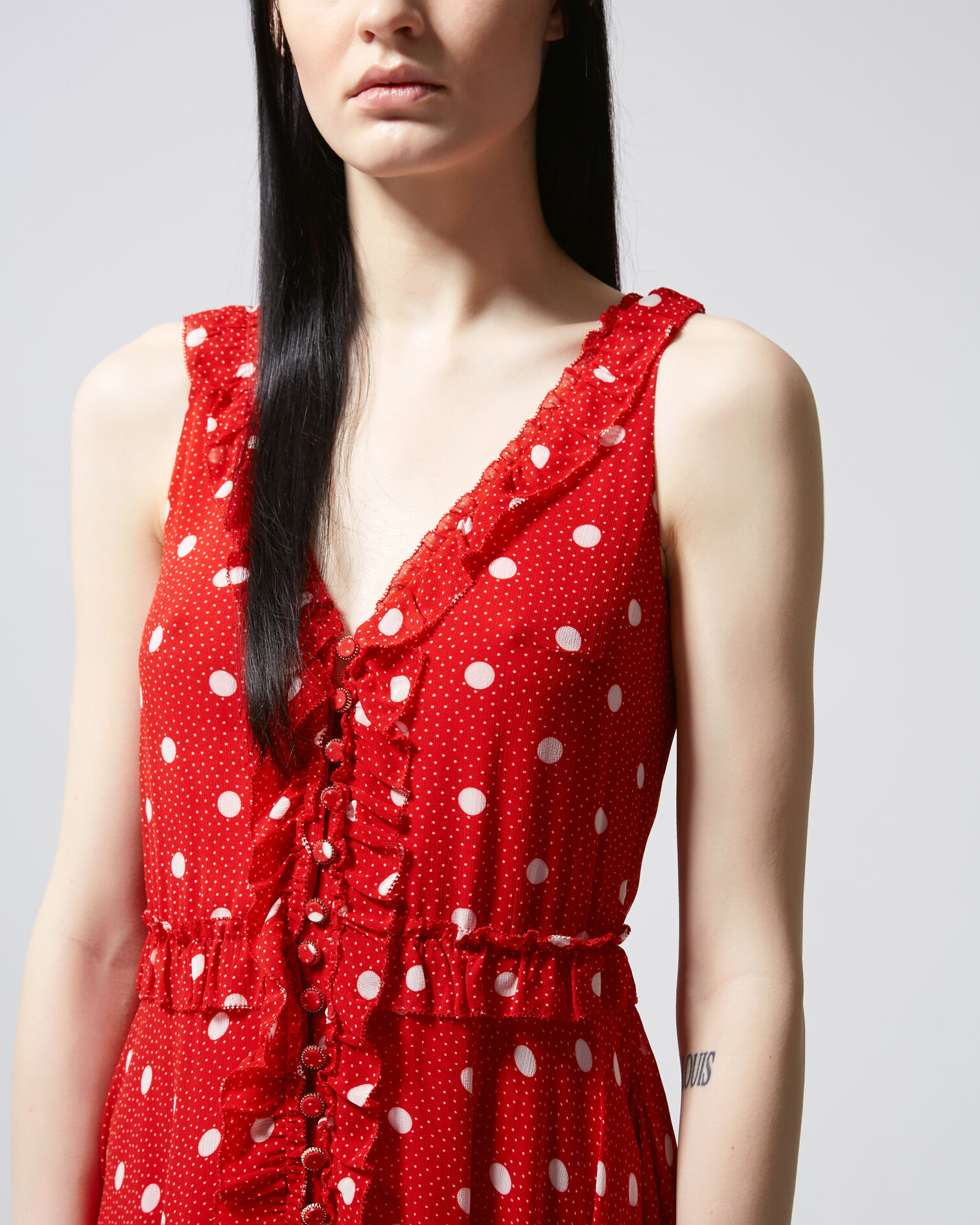 Sleeveless long red dress with polka dots, RED / ECRU, hi-res image number null