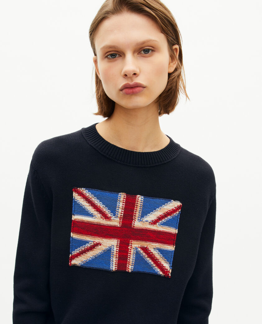 The Kooples DAMEN NAVY pullover mit englischer flagge aus marinefarbener baumwolle